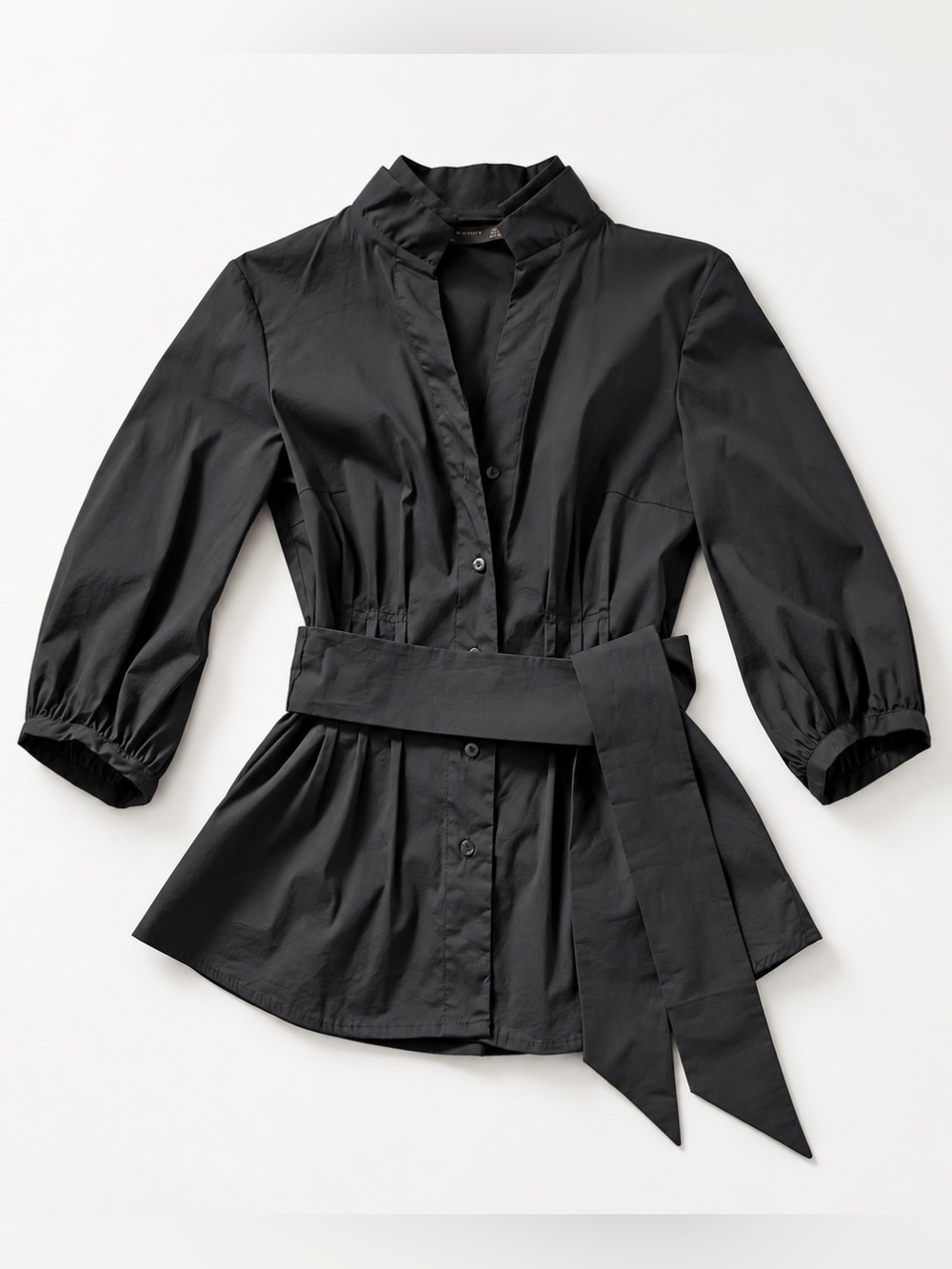ZARA Women Black Fitted Belted Blouse High Collar V-Neck 3/4 Sleeve Size S NWOT